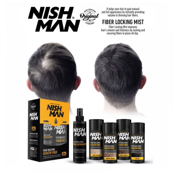 Нарощування волосся кератиновим волокном Nishman Hair Building Keratin Fiber Black 20g + 100ml фото